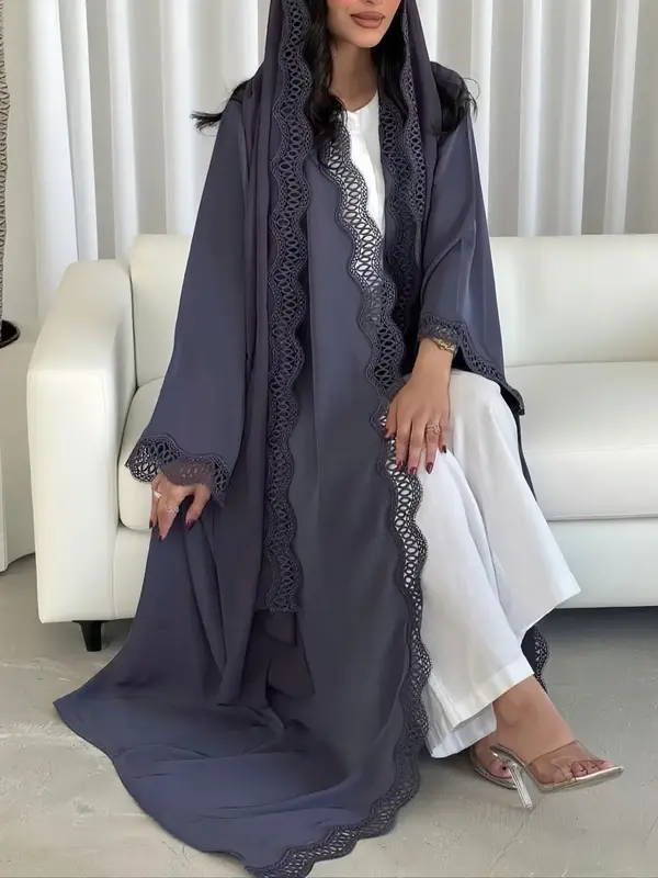 Elegant Lace Trim Cardigan Set, Two-Piece Party Casual Abaya Robe, Stylish Long Sleeve Outerwear for Women, Modesty Abaya, Ab...