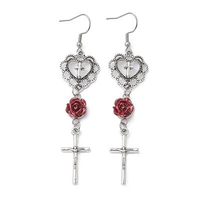 Alloy Heart & Cross & Resin Rose Dangle Earrings