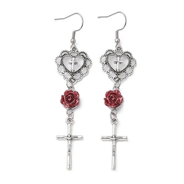 Alloy Heart & Cross & Resin Rose Dangle Earrings