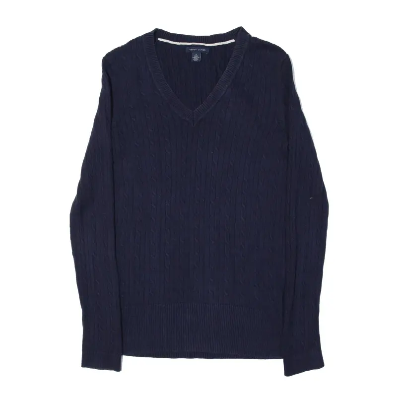TOMMY HILFIGER Jumper Blue Cable Knit V-Neck Womens M