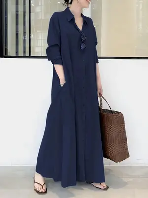 Women's Summer Plain Minimalist Button Front Pocket Shirt Dress, Casual Wear Long Sleeve Collared Maxi Dress for Daily Wear, ...