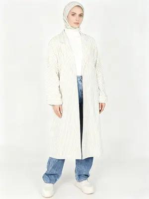 Women's Striped Print Open Front Long Coat, Casual Long Sleeve Outerwear for Daily Wear, Ladies Clothes for Spring & Fall