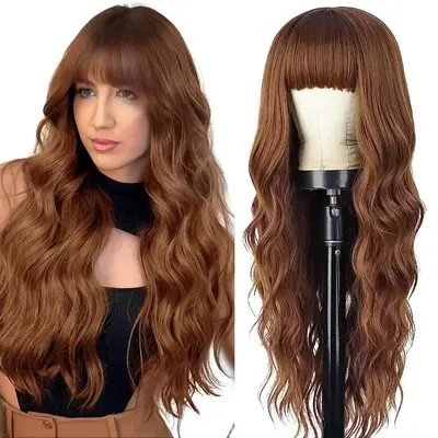 AISI HAIR FallFreshness Auburn Wig with Bangs Long Wavy Ginger Wig Natural Looking Heat Resistant Synthetic Curly Full Wigs f...