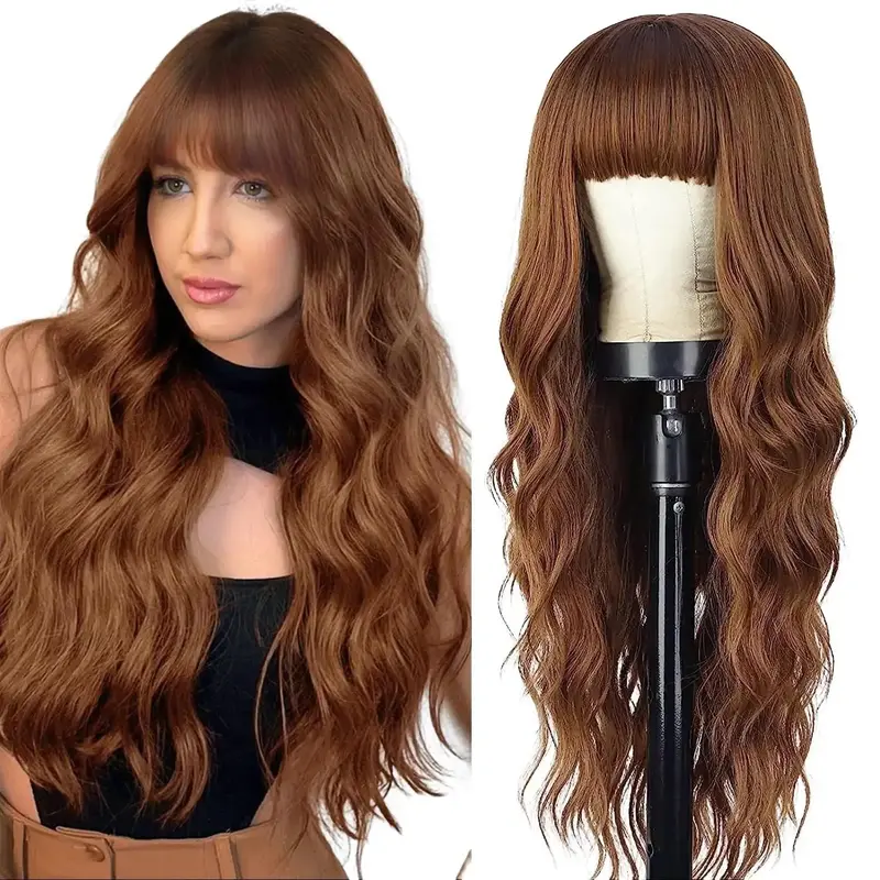 AISI HAIR FallFreshness Auburn Wig with Bangs Long Wavy Ginger Wig Natural Looking Heat Resistant Synthetic Curly Full Wigs f...