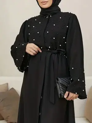 Elegant Women's Loose-Fit Round Neck Long Dress, Button Embellished Rhinestone Design, All-Season Woven Fabric, Modest Style,...