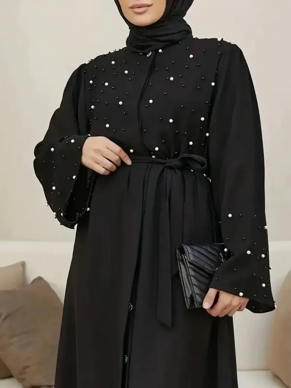 Elegant Women's Loose-Fit Round Neck Long Dress, Button Embellished Rhinestone Design, All-Season Woven Fabric, Modest Style,...