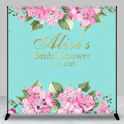 Personalized Pink Flowers Blue Baby Shower Backdrop