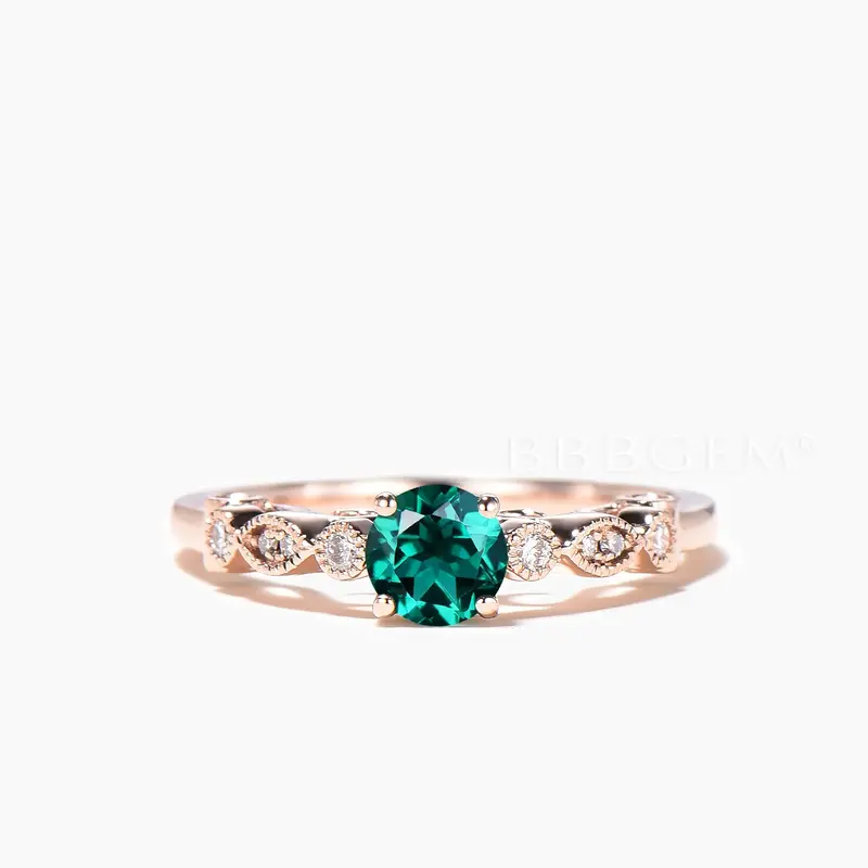 Round Cut Emerald Engagement Ring Diamond Art Deco Rose Gold Ring