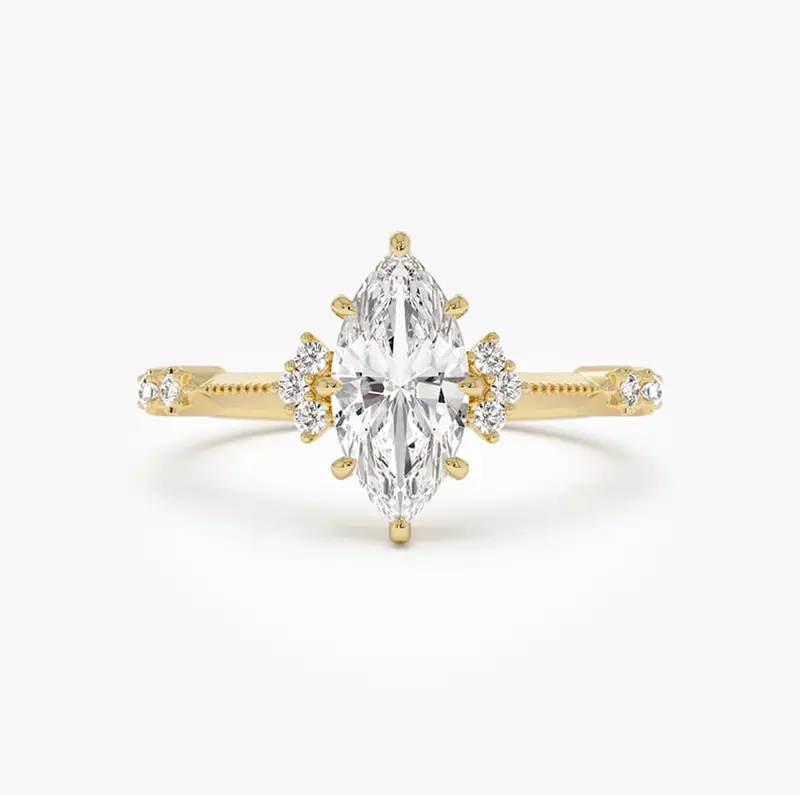 14K Gold Art Deco Marquise Cut Lab Grown Diamond Engagement Ring