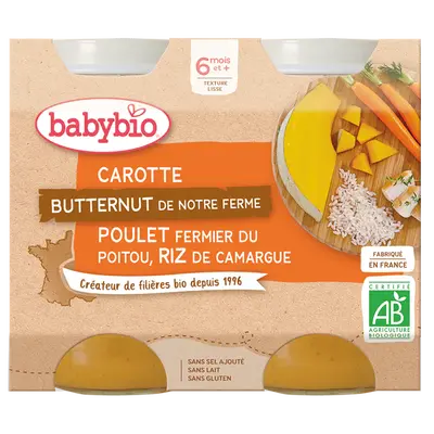 Babybio Midi Jars - 6 months and more - Carrot, Butternut, Farmer Chicken, Rice - ORGANIC 2x200 g