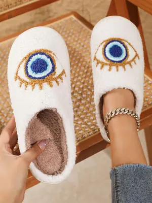 Women's Cute Eye Design Plush Slippers, Soft Comfy Fuzzy Bedroom Slippers, House Slippers, Warm Slippers for Indoor & Outdoor...