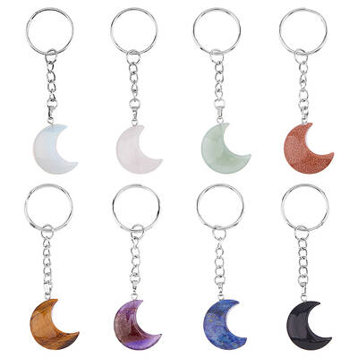 8Pcs 8 Styles Moon Gemstone Keychains