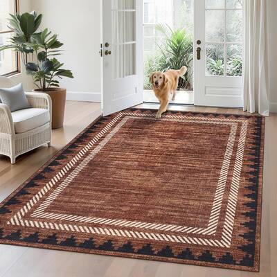 Garvee Washable Rugs 5x7 Brown Rug Solid Bordered Geometric Rugs for Living Room, Modern Neutral Carpet with Non Slip TPR Bac...