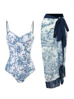 Women's Plants Print Cami Bodysuit & Contrast Mesh Skirt Set, Summer Clothes Women Elegant Backless Camisole & High Waist Kno...