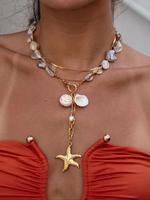 Irregular Shell & Starfish Design Pendant Necklace for Women, Adjustable Star Necklace, Stainless Steel Jewelry for Party, Da...