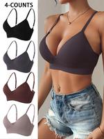 Women's Solid Color Push Up Wireless Bra, Casual Comfortable Breathable Adjustable Strap Four-breasted Bra, Soft Supportive L...