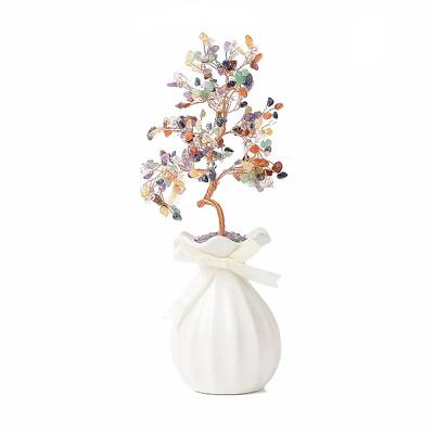 Natural Gemstone Chips with Brass Wrapped Wire Money Tree on Ceramic Vase Display Decorations
