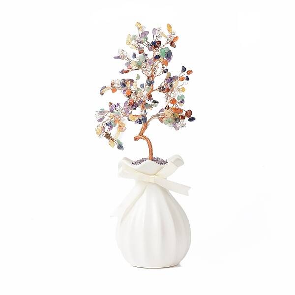 Natural Gemstone Chips with Brass Wrapped Wire Money Tree on Ceramic Vase Display Decorations