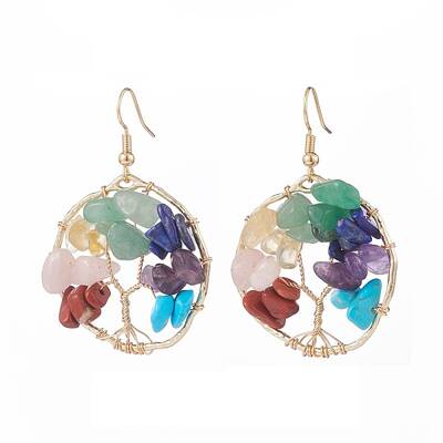 Natural & Synthetic Mixed Gemstone Chips Braided Ring with Tree of Life Dangle Earrings