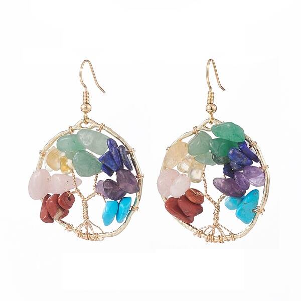 Natural & Synthetic Mixed Gemstone Chips Braided Ring with Tree of Life Dangle Earrings
