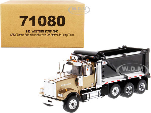 Western Star 4900 SFFA Tandem with Pusher Axle OX Stampede Dump Truck Gold and Black Transport Series 1/50 Diecast Model by D...