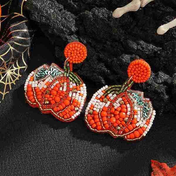 Pumpkin Pattern Glass Bead Handmade Stud Earrings for Halloween