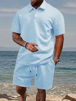 Men's Solid Shortsleeve Polo Shirt & Drawstring Waist Shorts Set, Cozy Breathable Two-piece Outfits for Daily Outdoor Wear, M...