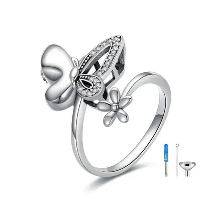 Sterling Silver Round Shaped Cubic Zirconia Butterfly & Daisy Urn Ring