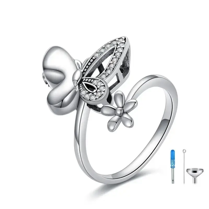 Sterling Silver Round Shaped Cubic Zirconia Butterfly & Daisy Urn Ring