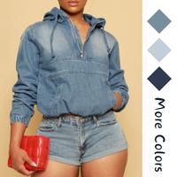 Women's Half Zip Denim Hoodie Pullover Jacket Jean Tops  Casual