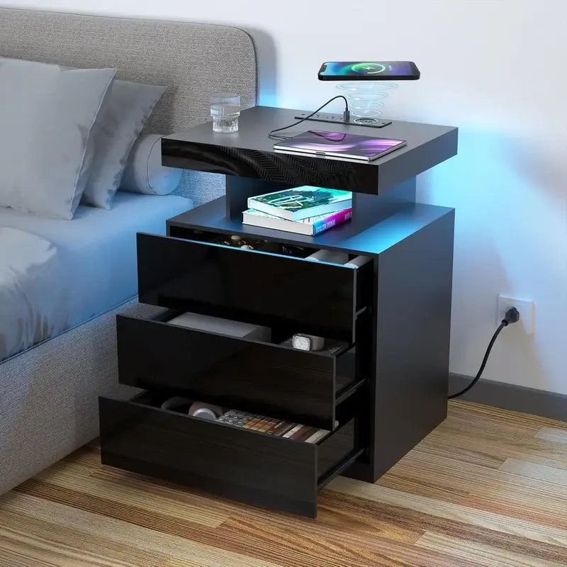 Hommpa LED Nightstand with Wireless Charging Station 2 Outlets USB Port Type C Black Bedside Table with 3 Drawers Modern Smar...