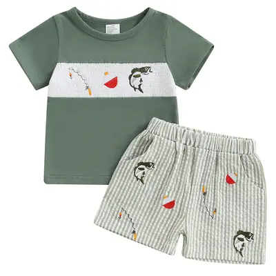 Toddler Baby Boy Summer Outfits Baby Boy Animal Fish Print Smocked Short Sleeves T-Shirt Plaid Shorts Set Infant Boy Fishing ...