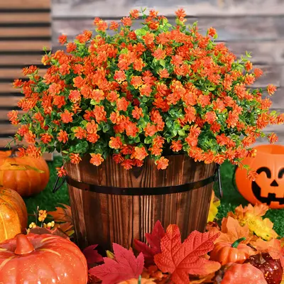 Fall Decor Fake Mums 12/24 Bundles UV Resistant Artificial Flowers Red Orange for Outdoor Home Porch Thanksgiving Decorative ...