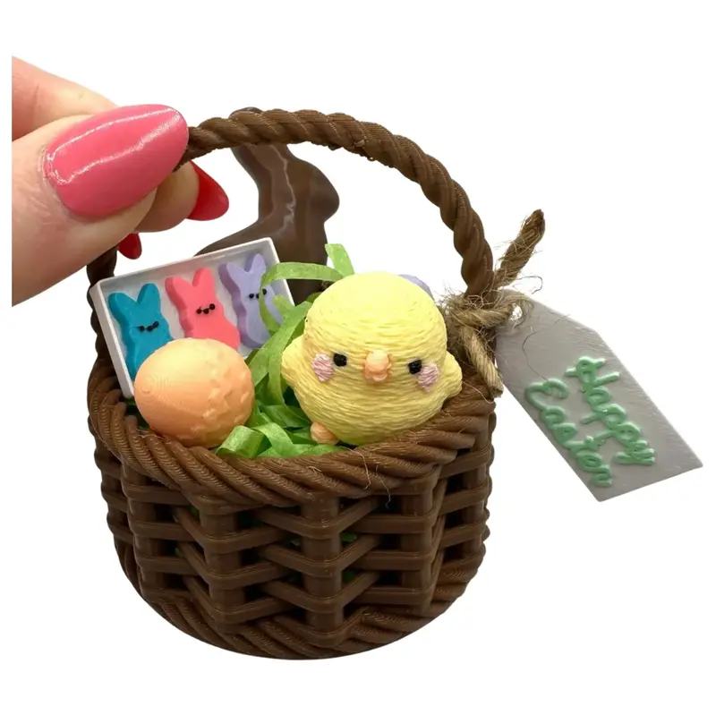 Mini 3D Printed Easter Basket w/ “Chocolate” Bunny, “Plush” Chick, Mini “Eggs”, Mini “Peeps”, Sign, Easter Gr...