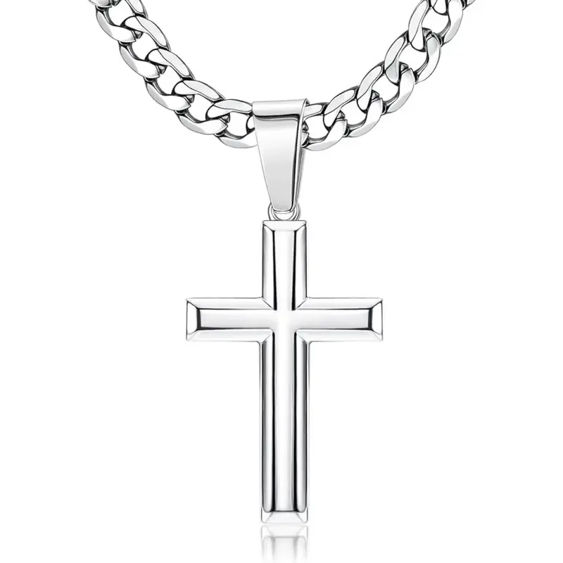 Fansilver Cross Necklace for Men Women 5mm Big Beveled Edge Men's Stainless Steel Durable Cuban Link Chain Curb Chain Crucifi...