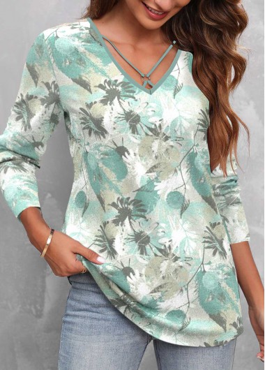 Modlily Green Circular Ring Floral Print Long Sleeve T Shirt - XL