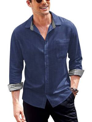 Long-Sleeve Cotton Linen Shirt (US Only), Navy Blue / S