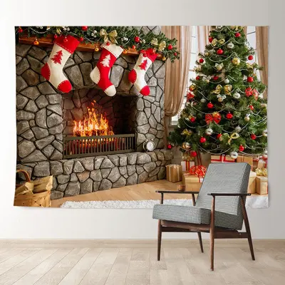 Aperturee Red Stock Fireplace Bright Room Christmas Backdrop