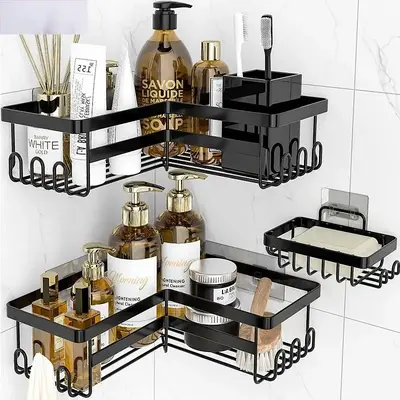 Bathroom Corner Shower Rack, Stainless Steel Shower Organizer with Hooks, No Drilling Shower Shelf, Home Storage Suitable for...