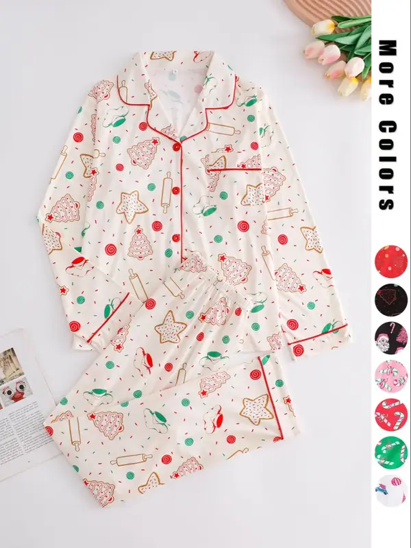 Two-piece Set Women's Christmas Print Button Front Pocket Shirt & Elastic Waist Pants Pyjama, Casual Comfy Long Sleeve Collar...