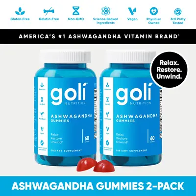 2 Bottles of Goli Ashwagandha & Vitamin D Gummy - Mixed Berry, KSM-66, Vegan, Plant Based, Non-GMO, Gluten-Free & Gelatin Fre...