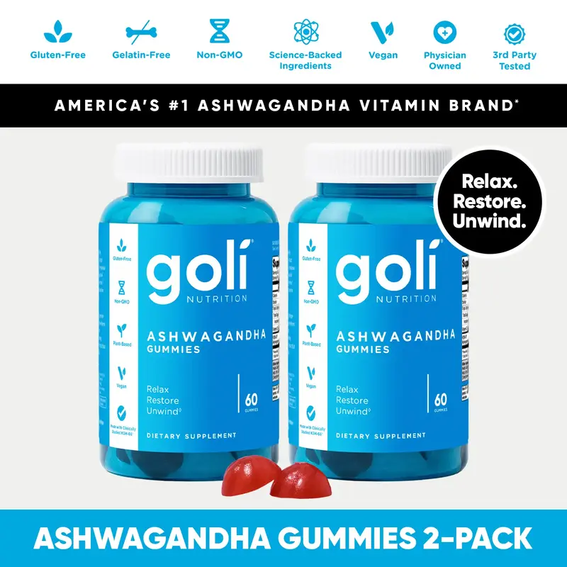 2 Bottles of Goli Ashwagandha & Vitamin D Gummy - Mixed Berry, KSM-66, Vegan, Plant Based, Non-GMO, Gluten-Free & Gelatin Fre...