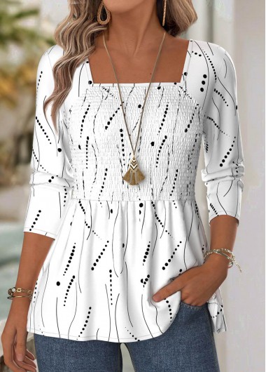 Modlily White Geometric Print Long Sleeve Square Neck Blouse - L
