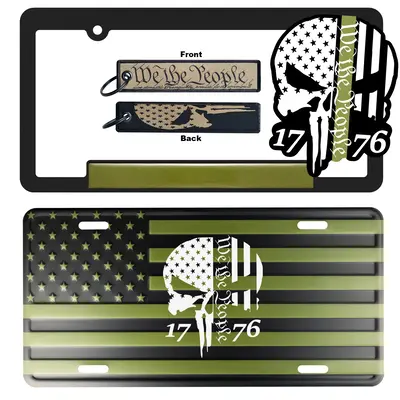 We The People American Flag License Plate, Frame, Key Tag and Sticker OD Green Combo