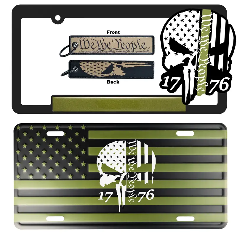 We The People American Flag License Plate, Frame, Key Tag and Sticker OD Green Combo