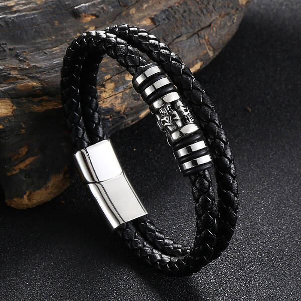 Stainless Steel Skull Beaded Leather Double Layer Multi-strand Bracelet