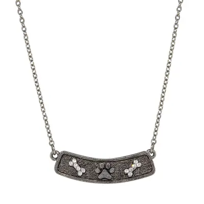 Pewter Crystal Bone and Paw Bar Necklace 17 Inch Adj
