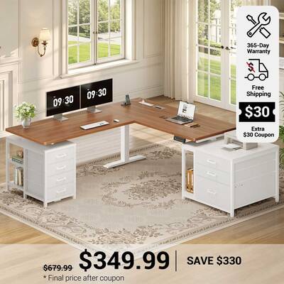 SEDETA | 63 Inch Sit Stand Desk with Storage Shelves 3 Memory Presets Height Adjustable Stand Up Desk with Power Outlets L Sh...