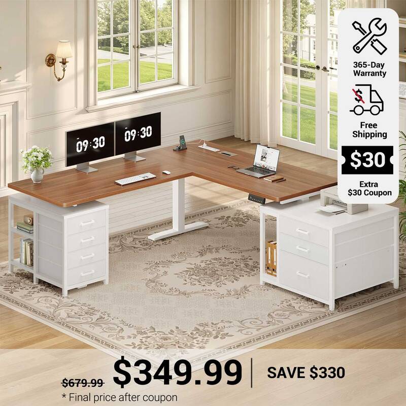 SEDETA | 63 Inch Sit Stand Desk with Storage Shelves 3 Memory Presets Height Adjustable Stand Up Desk with Power Outlets L Sh...