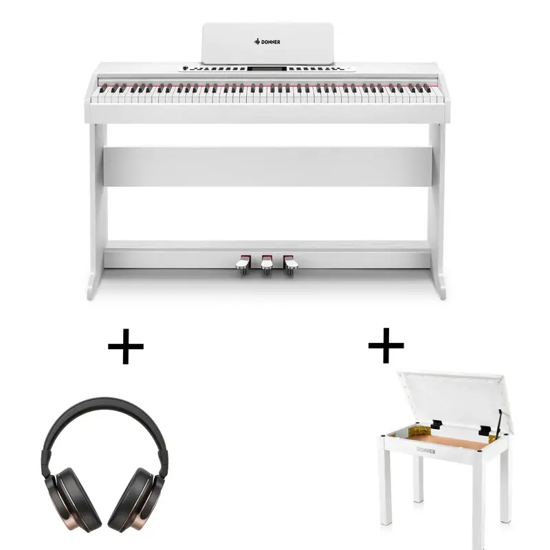 Donner DDP-95 Weighted Upright Digital Piano - White / Piano+Bench+Headphones